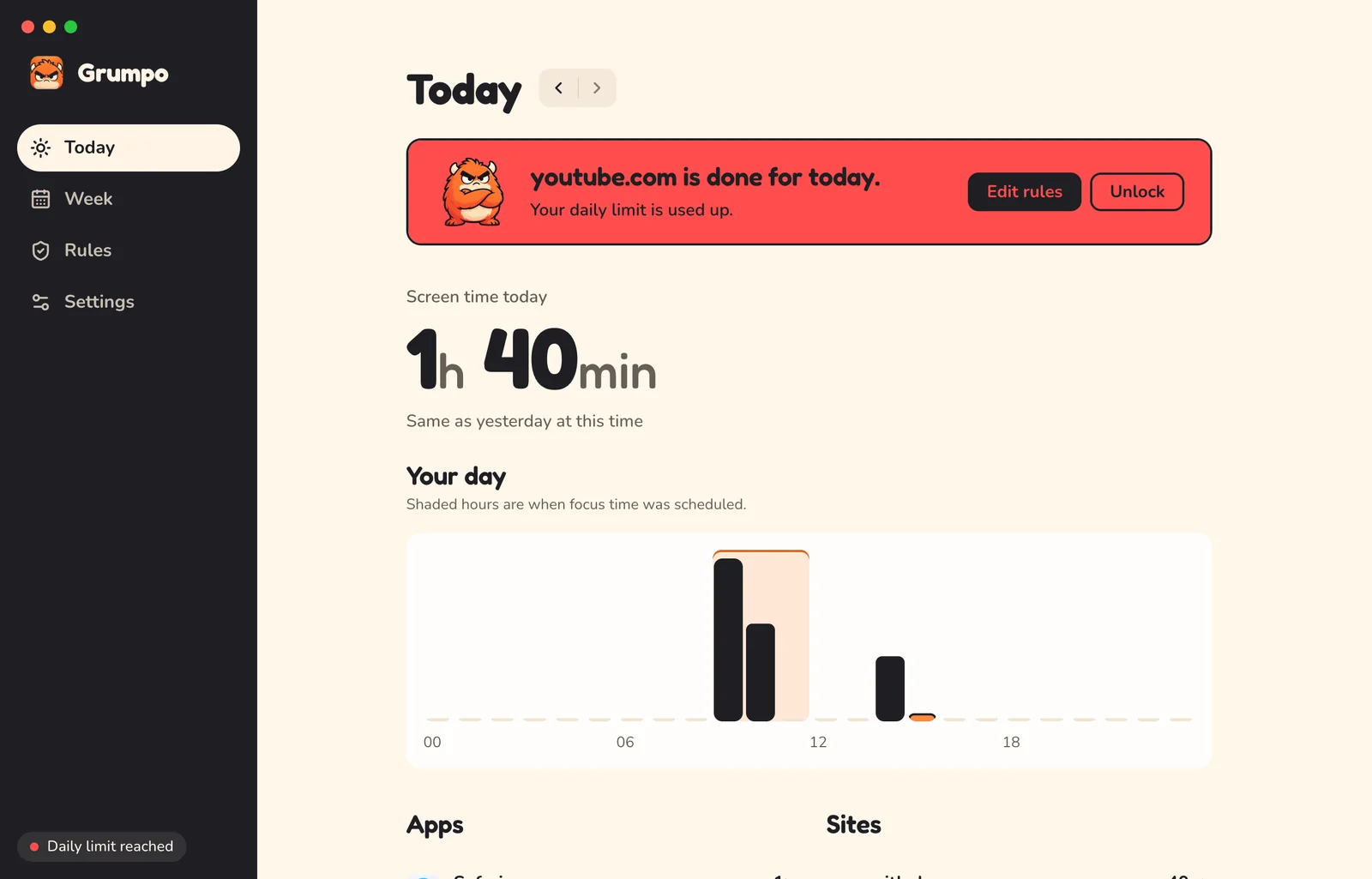 The Today screen with a red banner saying youtube.com is done for today because the daily limit is used up