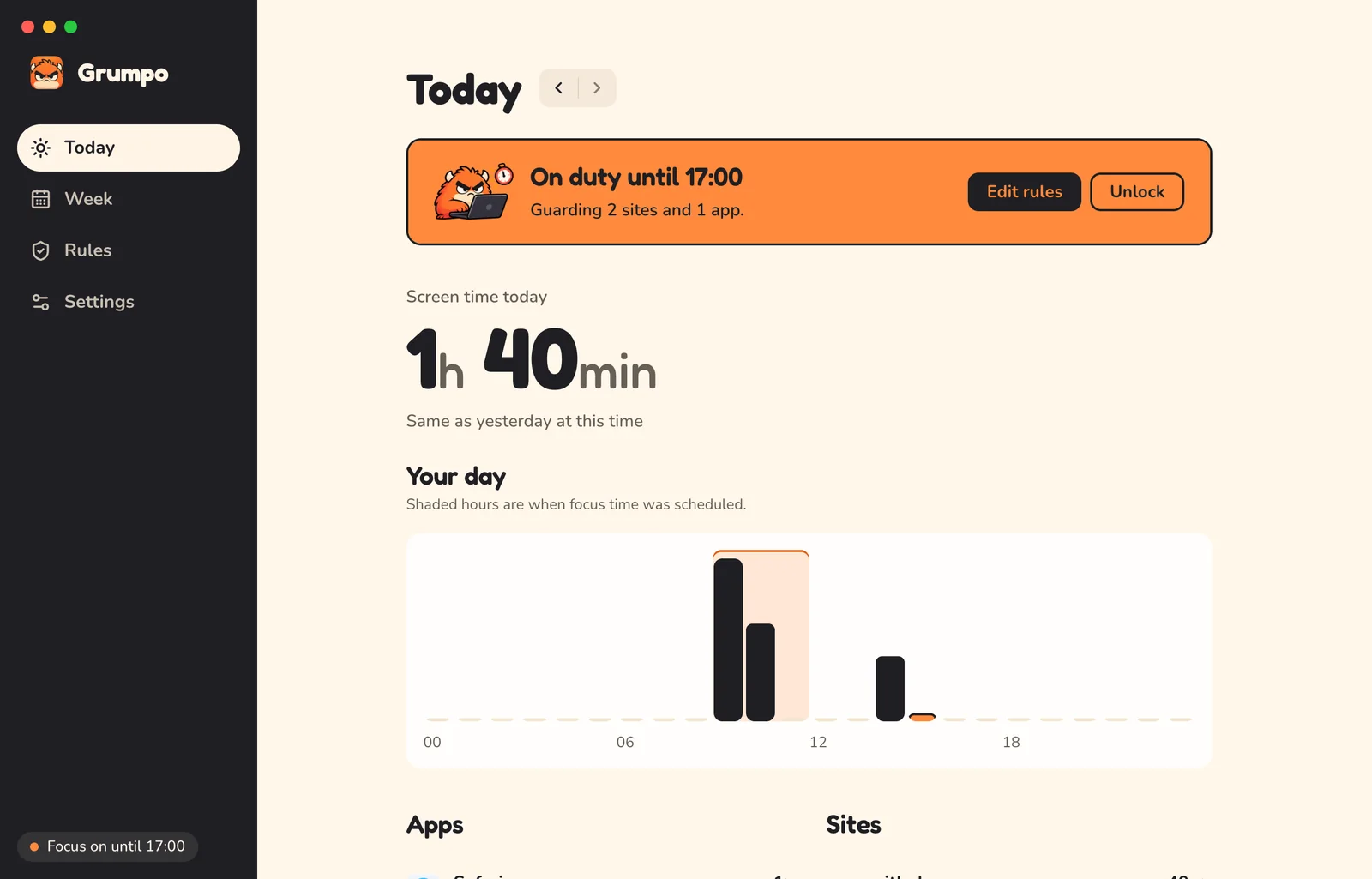 The Today screen with 1 hour 40 minutes of screen time, an hourly chart and a banner saying Grumpo is on duty until 17:00